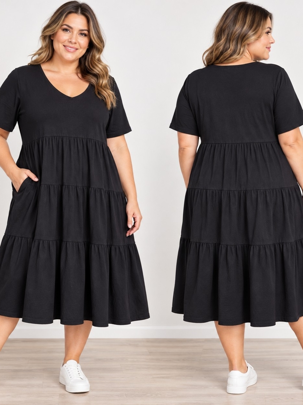 Evans Size 16 Black Tiered Midi Dress Contemporary Minimalist Casual